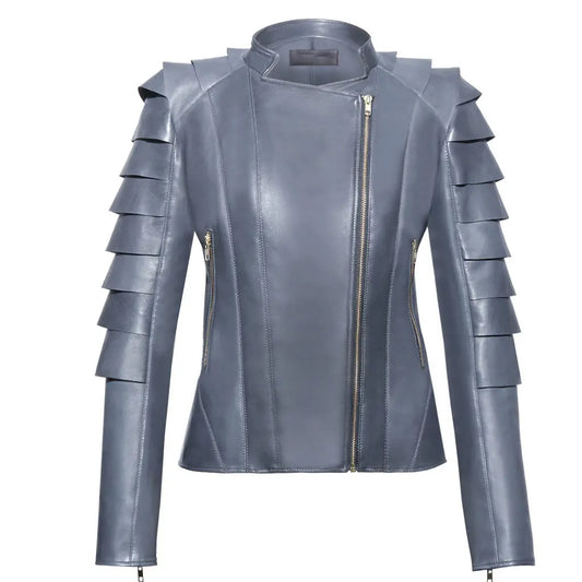 Draped Detailing Womens Gray Leather Jacket, Party Leather jacket 