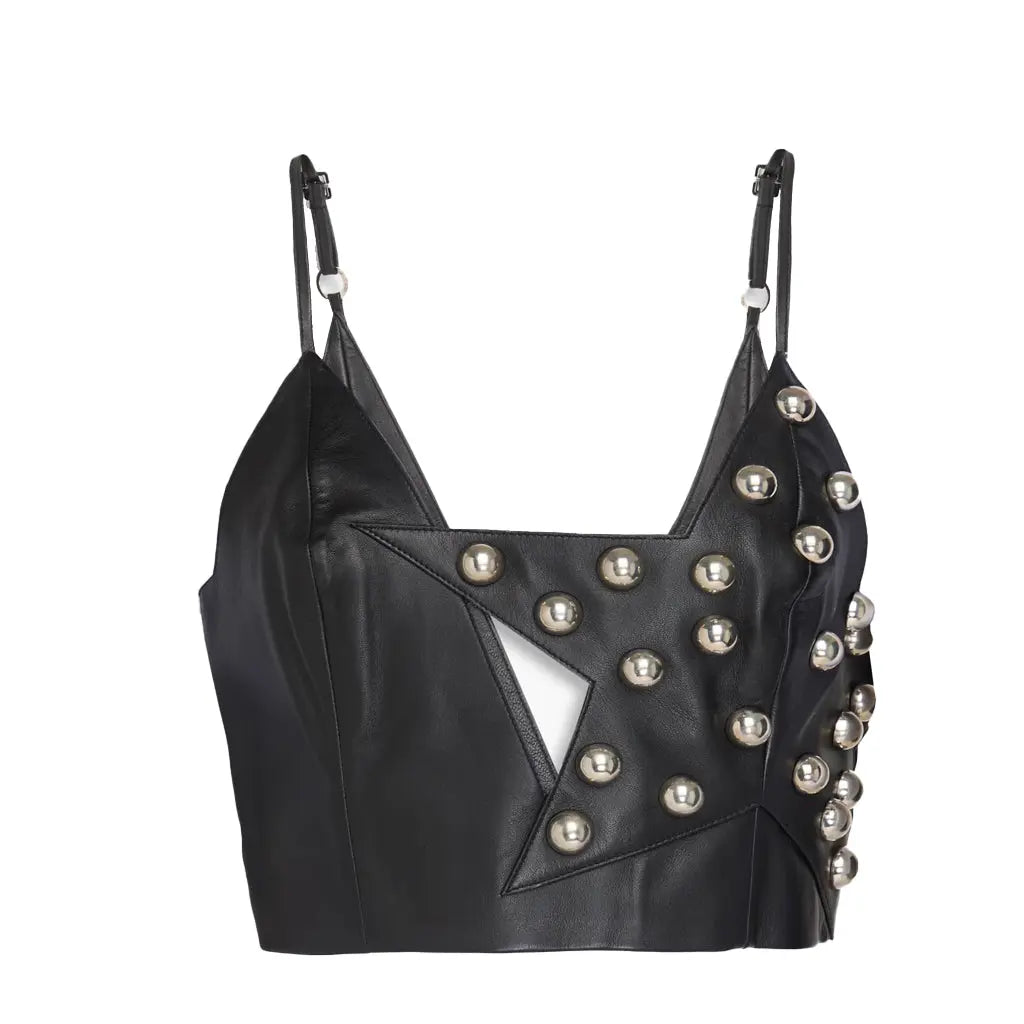 Start Detailing with studs at front  women leather top 