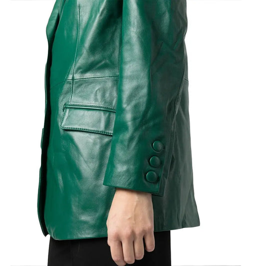 Classic Green Single-Breasted Leather Blazer Womens - Image #2