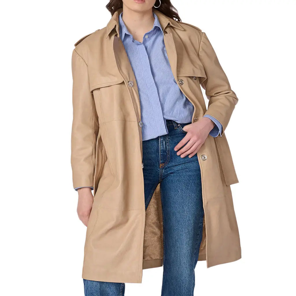 Women's Genuine Lambskin Beige Leather Trench Coat Ladies Winter - Image #3