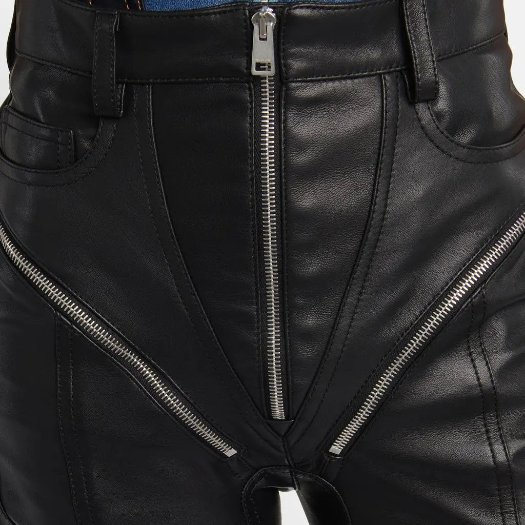 Black Zipped High-Waisted Biker Leather Jeans For Ladies - Image #1