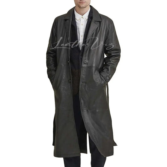 BELTED STYLE MEN LEATHER TRENCH COAT - Image #2