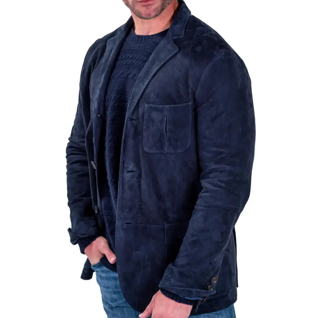 Navy Blue Suede Leather Blazer For Men - Image #4