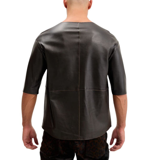 Lambskin Leather V Neck Men T-Shirt- Back