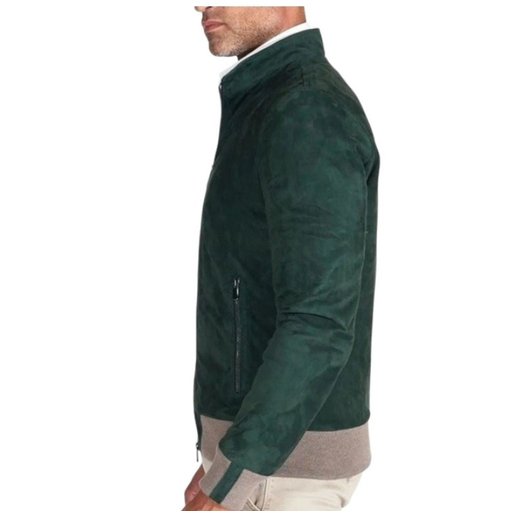 Green Suede Leather Zip Bomber Jacket Side look wih zipper pocket at waist
