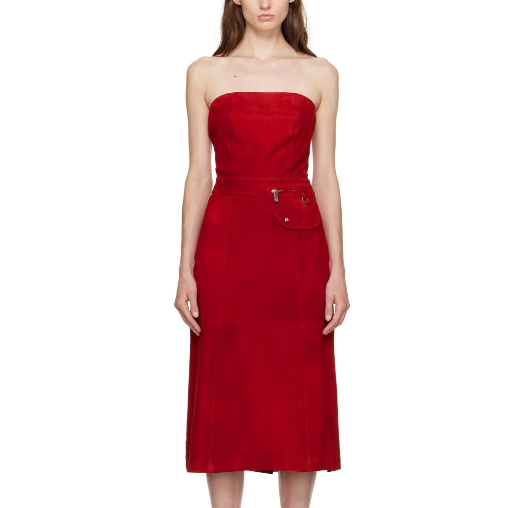 strapless suede red dress for women