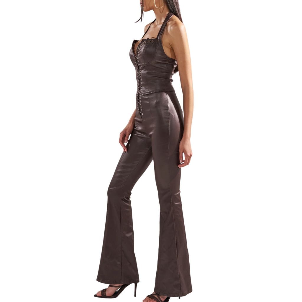 Lace-Up Halter Leather Jumpsuit for Women