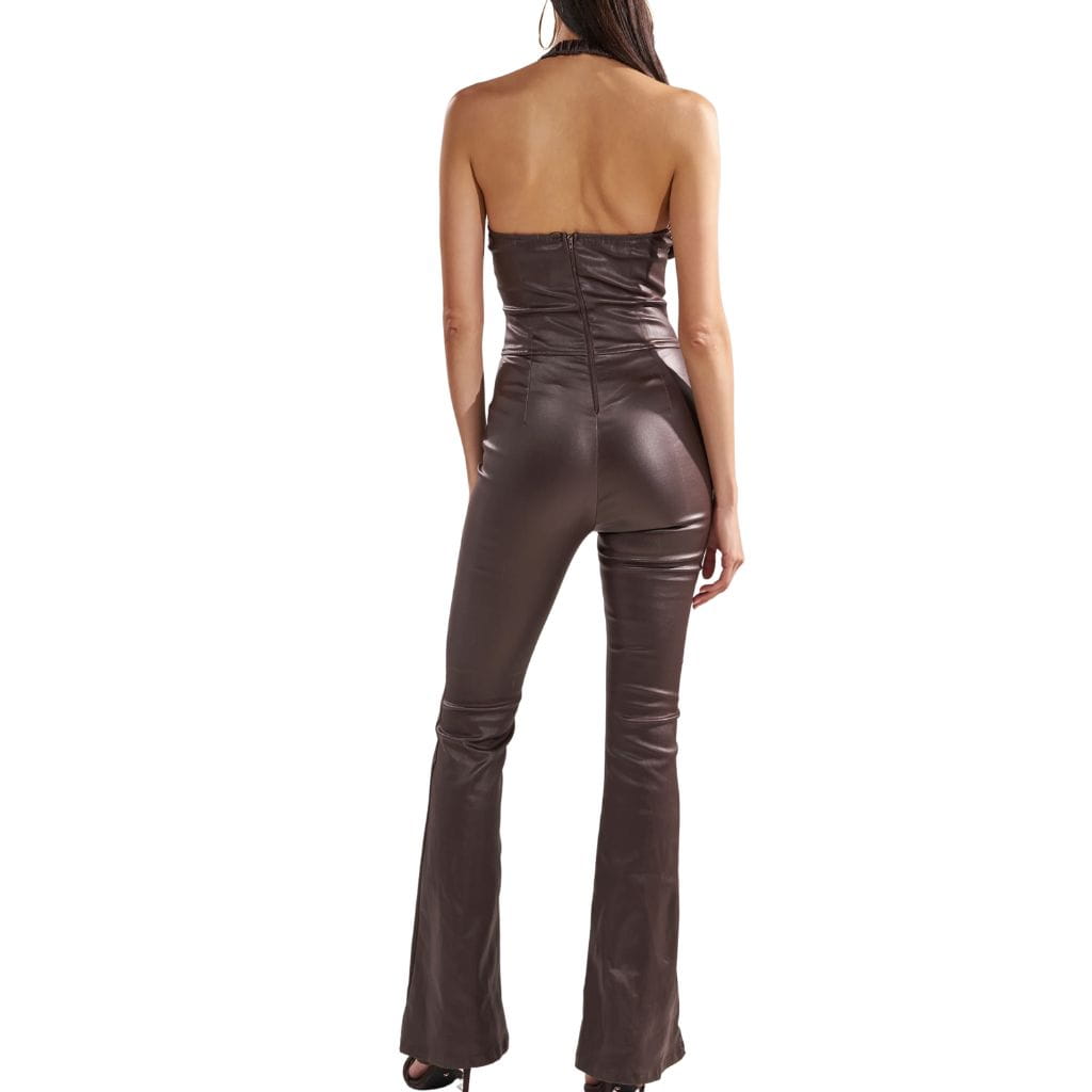 Lace-Up Halter Leather Jumpsuit for Women