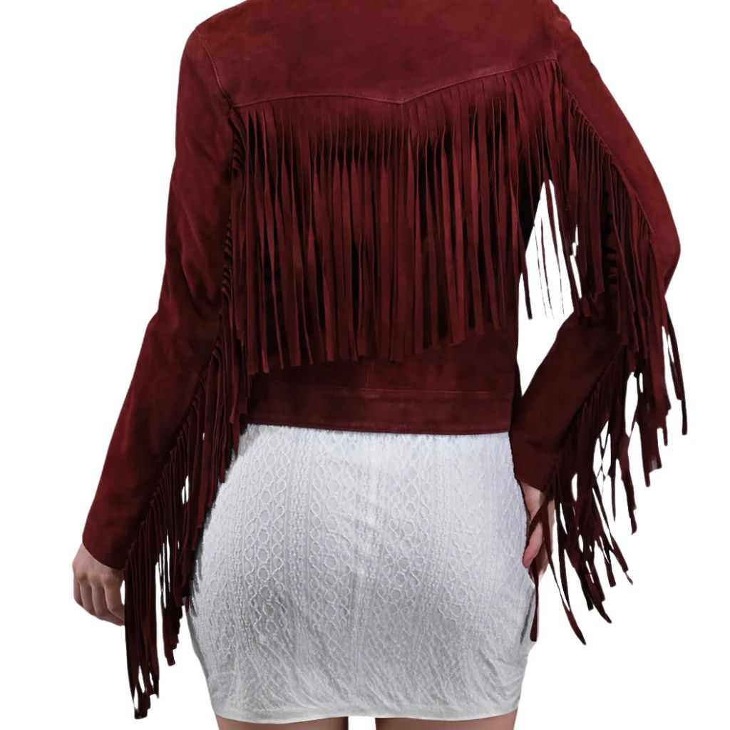 suede leather Women Fringes trucker jacket back look with fringe detailing at back till sleeves  