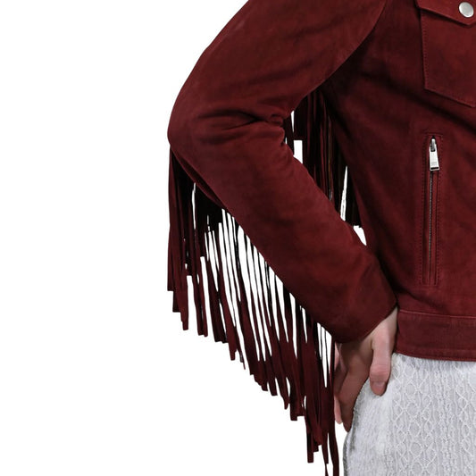 suede leather Women Fringes trucker jacket side zipper pocket and fringe at sleeves