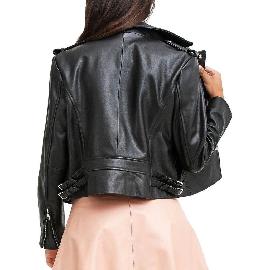 Women Black Leather Cropped Jacket - Image #5