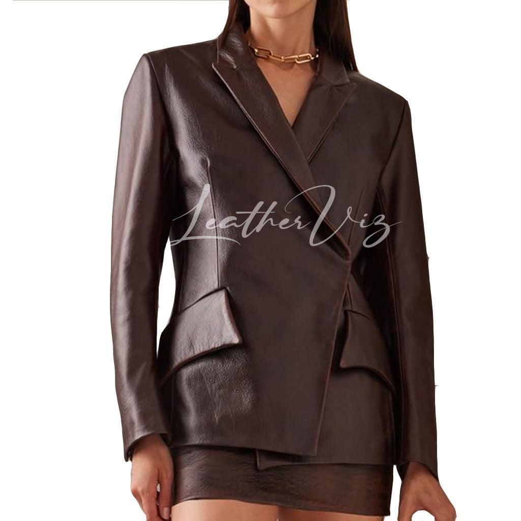 ASYMMETRIC FRONT WOMEN LEATHER BLAZER - Image #2