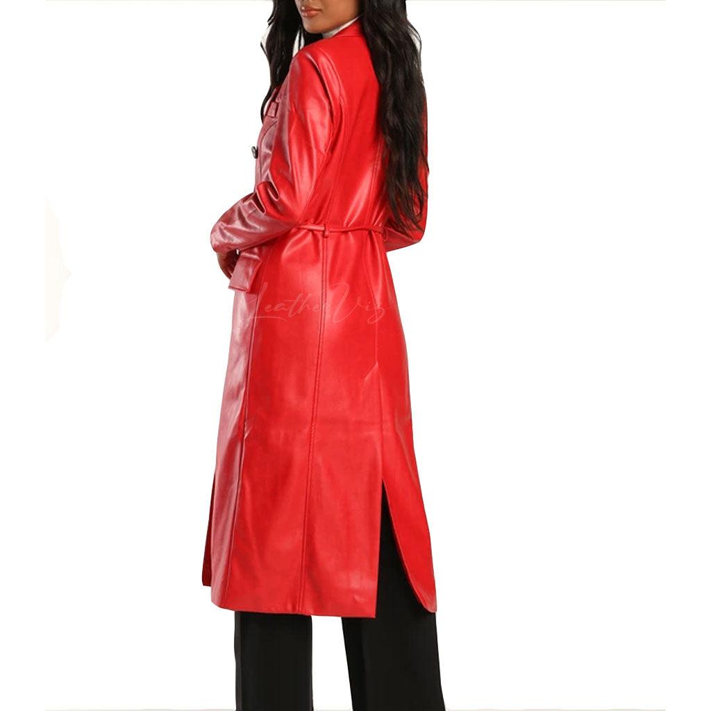 Long sleeve Double-breasted red leather trench coat 
