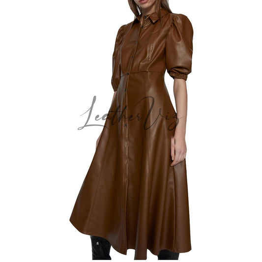 BROWN LEATHER SHIRT STYLE MIDI DRESS FOR WOMEN - Image #1