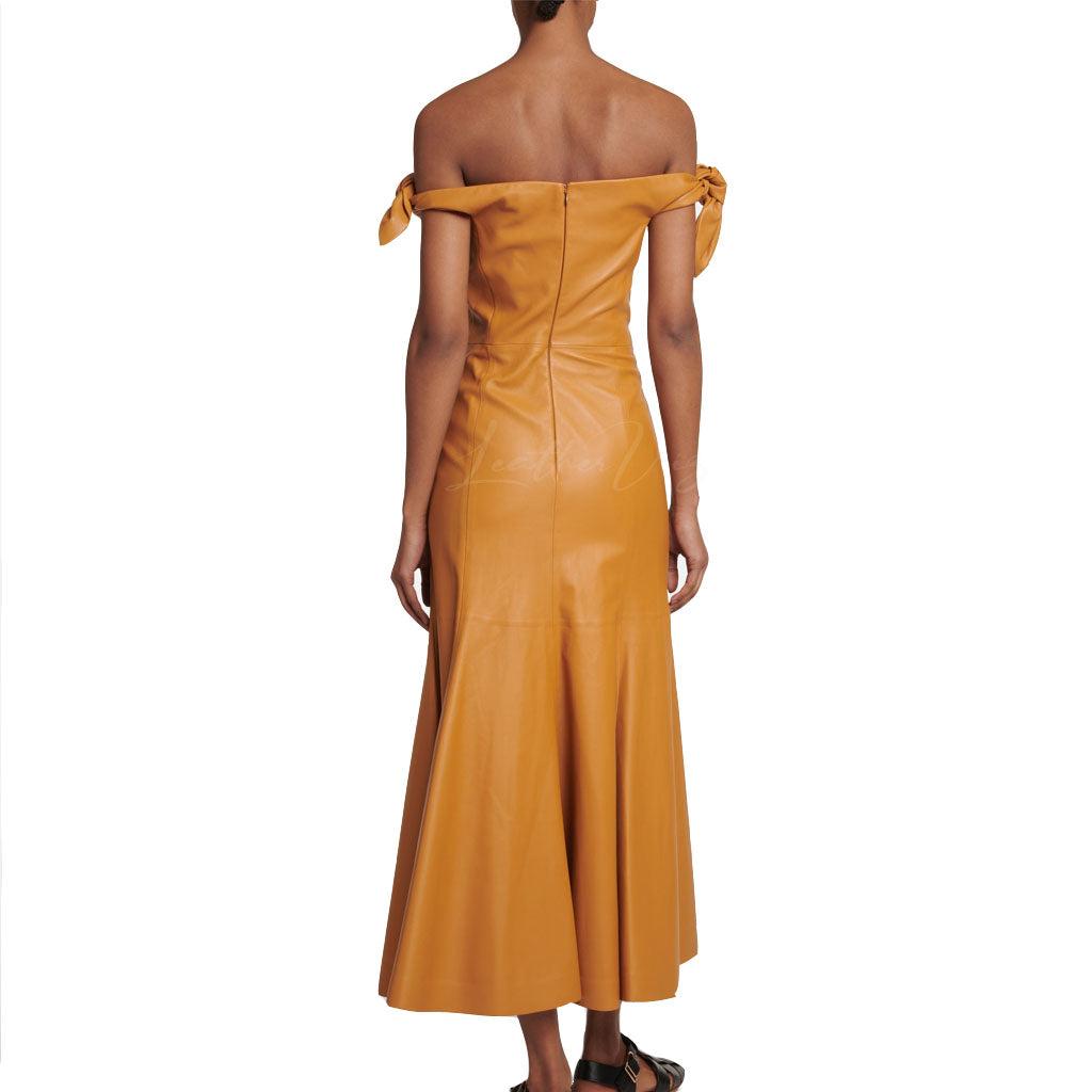 Off-Shoulder Women Leather Midi Dress - Image #2