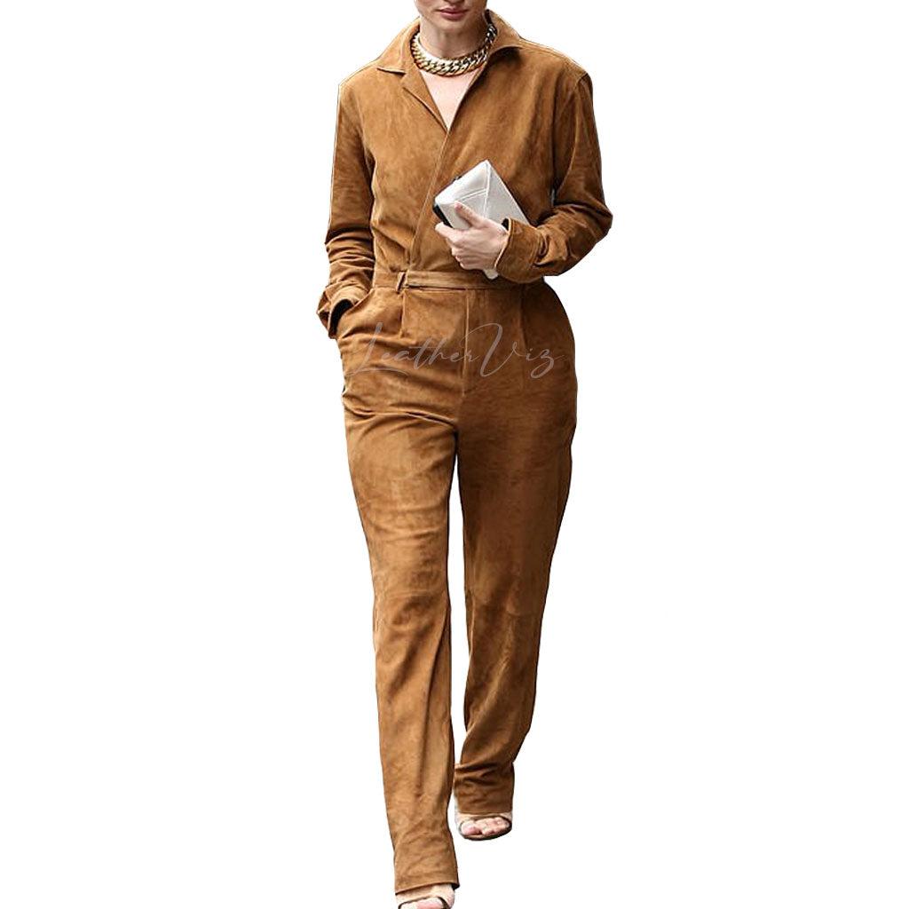 NOTCH COLLAR WOMEN SUEDE CORPORATE LEATHER JUMPSUITS