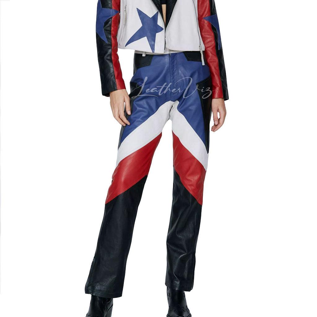 COLORBLOCK STYLE REAL LEATHER STAR STRAIGHT LEG PANTS - Image #2