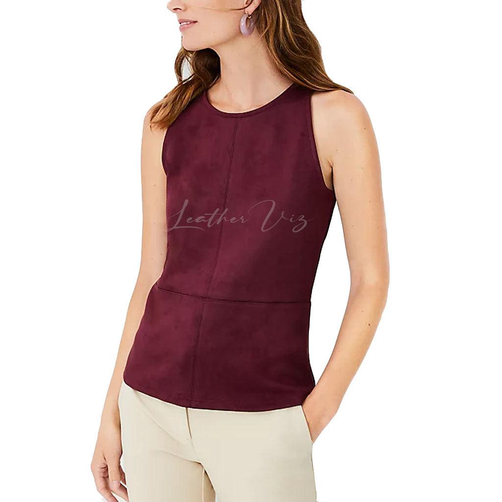 WINE RED SLEEVELESS PEPLUM SUEDE LEATHER TOP - Image #1