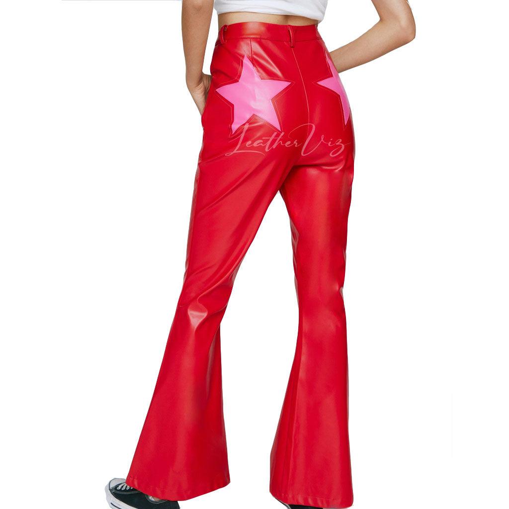 RED LEATHER VALENTINES STAR MOTIF FLARED PANTS - Image #2