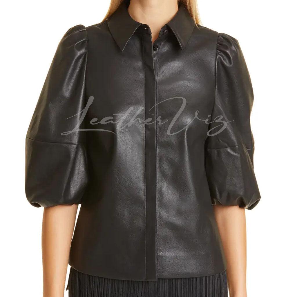 BALLOON SLEEVE SHIRT WOMEN LEATHER BLOUSE - Image #1