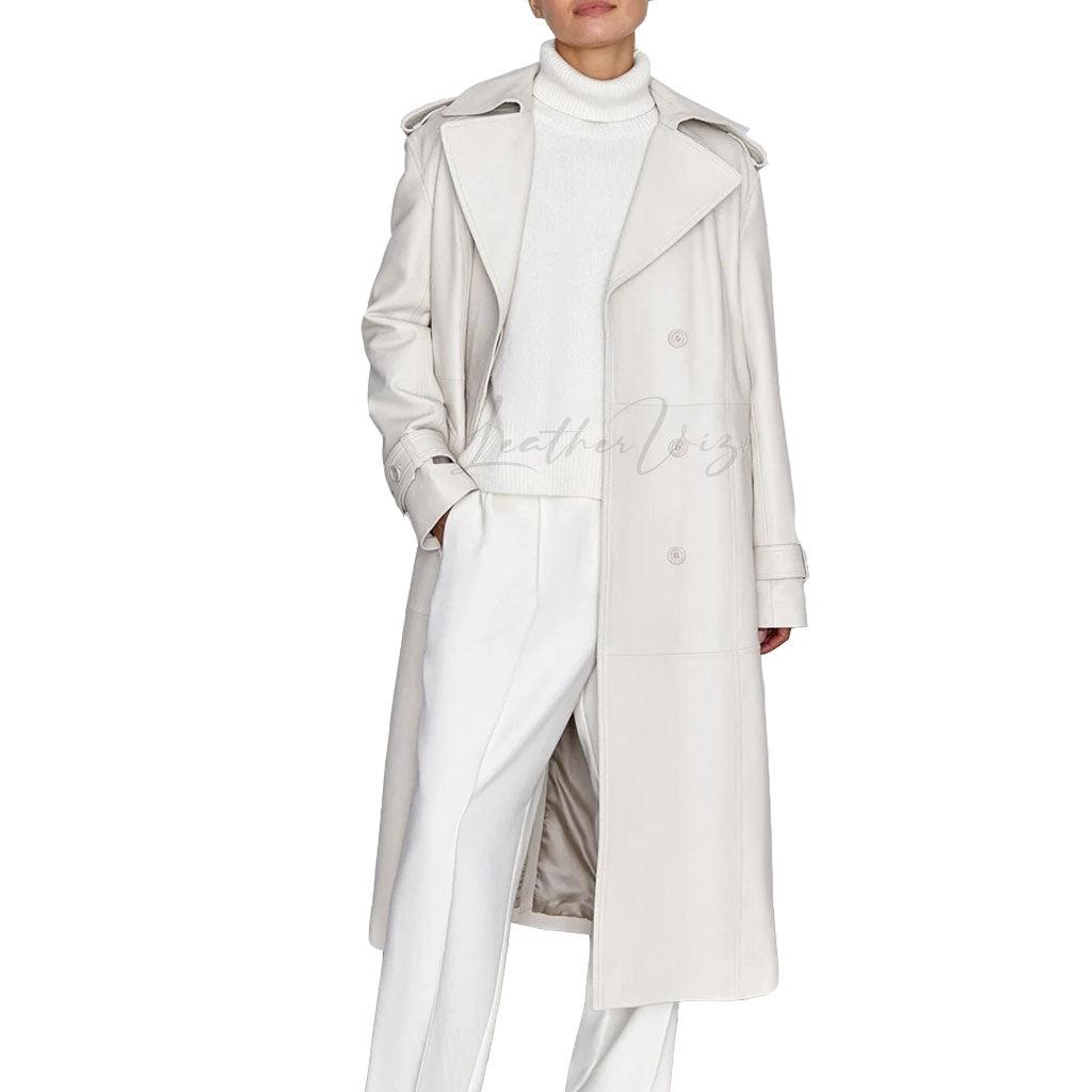 WHITE TRENCH WOMAN LONG LEATHER COAT - Image #2