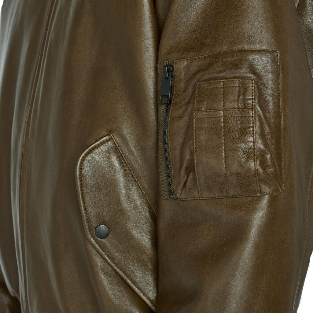 MEN LEATHER BOMBER IN OLIVE GREEN - Image #4