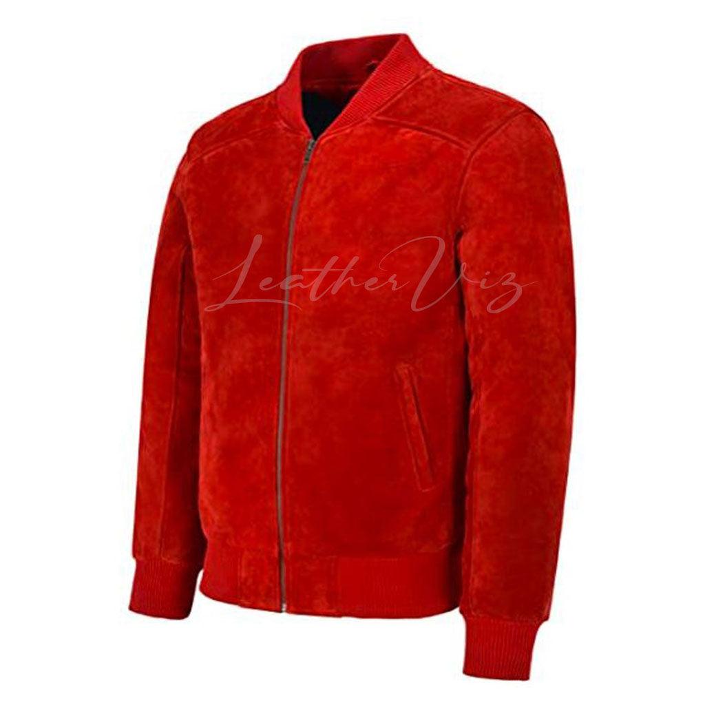 MENS 70S RED SUEDE LEATHER BOMBER JACKET FOR VALENTINES - Image #3