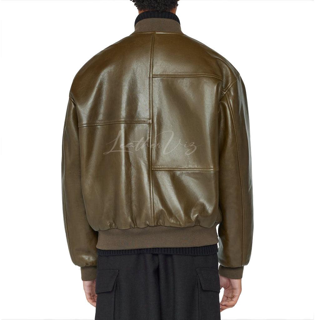 MEN LEATHER BOMBER IN OLIVE GREEN - Image #3