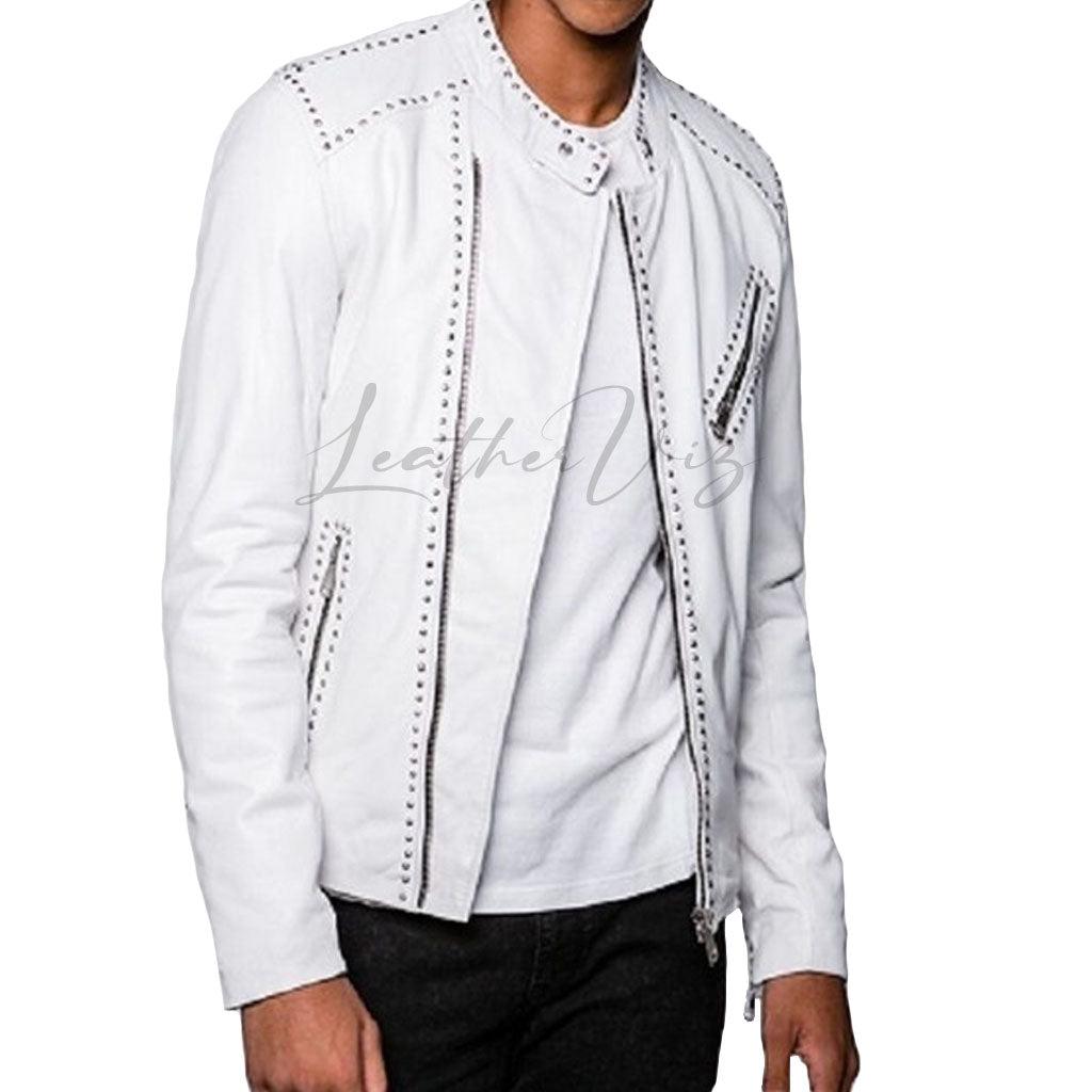 STUDDED WHITE LEATHER MEN MOTORCYCLE JACKET - Image #1