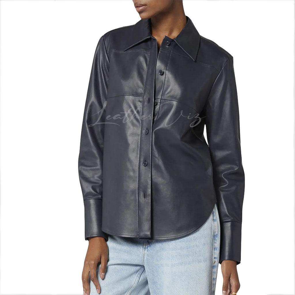 WOMEN BUTTON-DOWN BLACK LEATHER SHIRT - Image #2