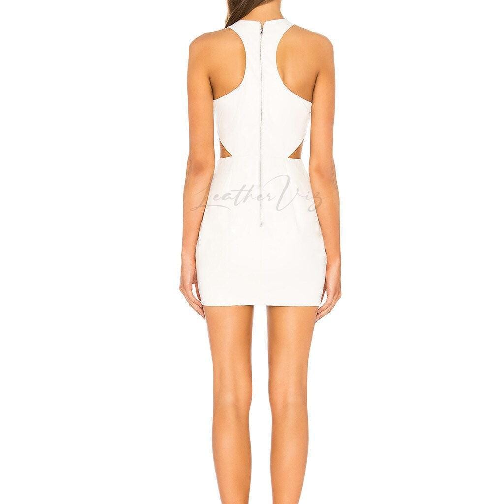 WAIST CUT-OUT WOMEN WHITE LEATHER MINI DRESS - Image #1