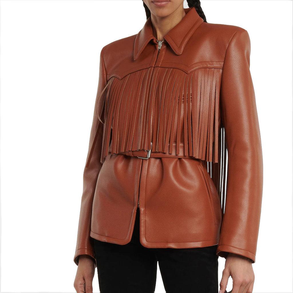 Womens Leather Fringe-Trimmed Jacket - Image #2