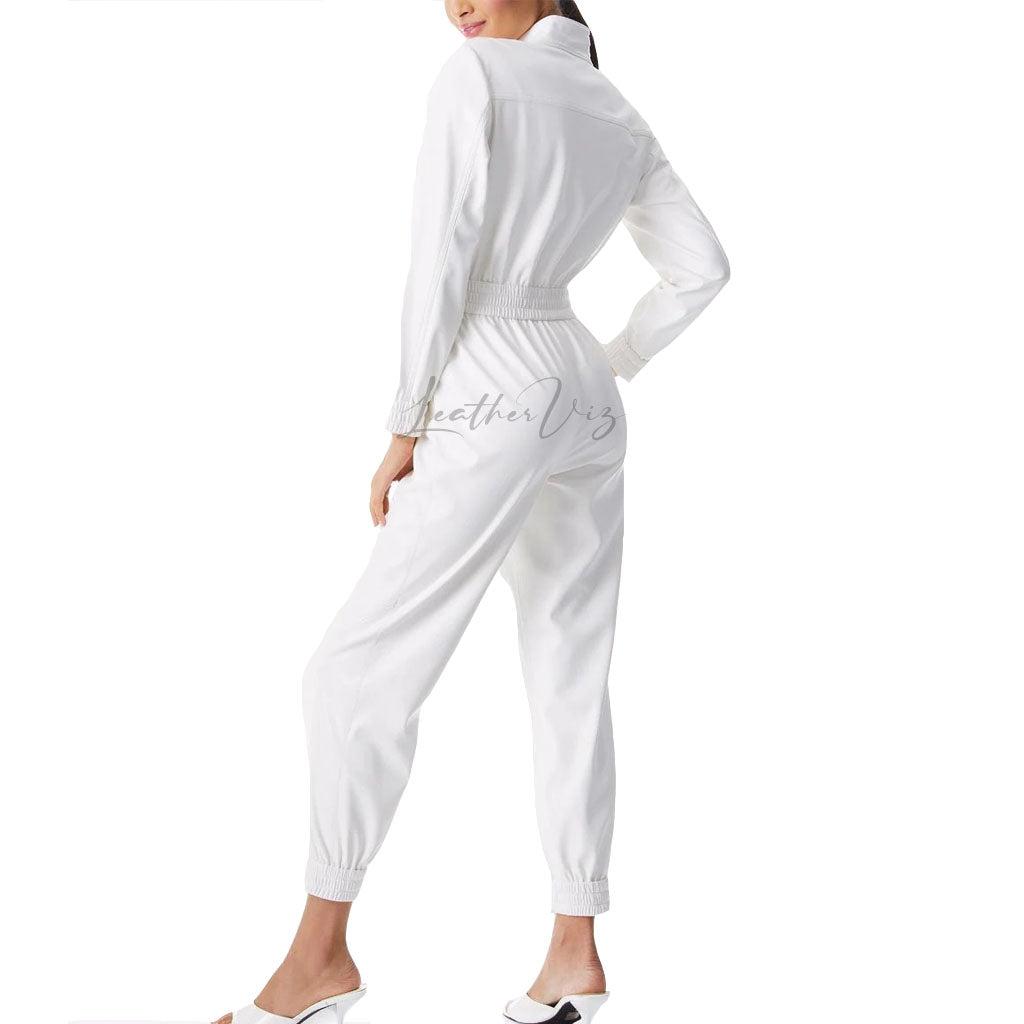 WHITE LEATHER FRONT ZIPPER JUMPSUIT FOR WOMEN - Image #2