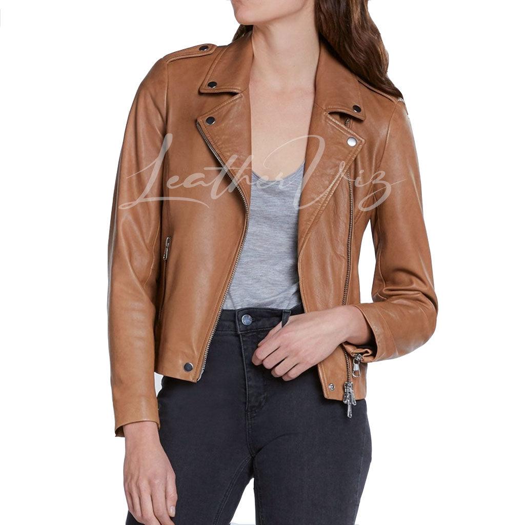 ASYMMETRICAL ZIPPER CLOSURE WOMEN LEATHER JACKET - Image #2