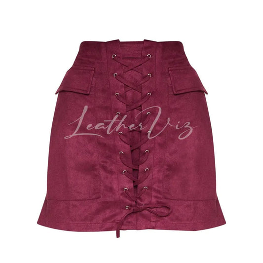 LACE UP DETAILING SUEDE LEATHER MIDI SKIRT - Image #2