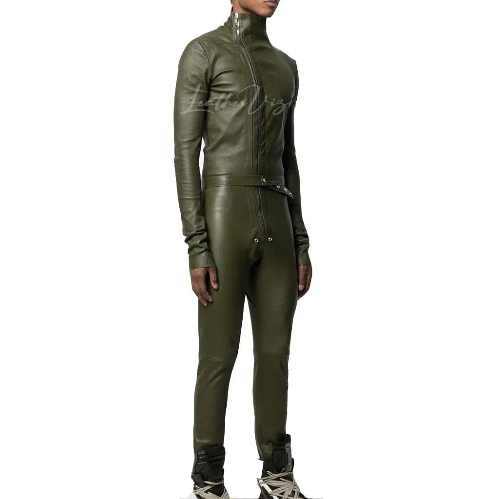 Olive leather jumpsuit for men