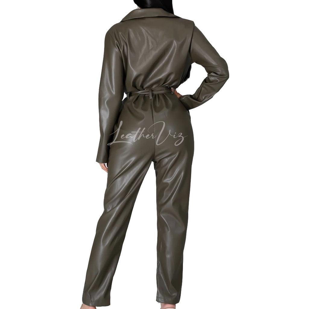 COLLAR NECK WOMEN LEATHER JUMPSUIT - Image #3