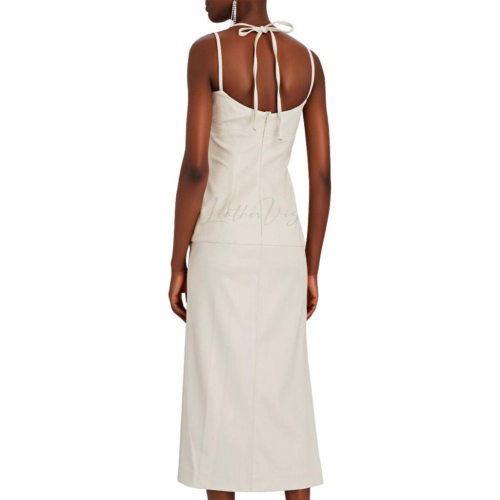 DOUBLE STRAP WOMEN WHITE  LEATHER MIDI DRESS - Image #2