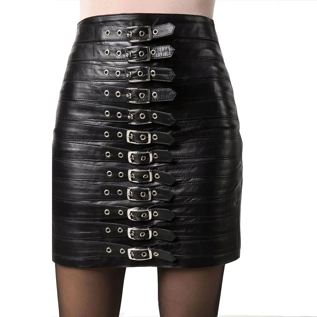 Buckle Detailing Black Leather Skirt Outfit Summer - Image #1
