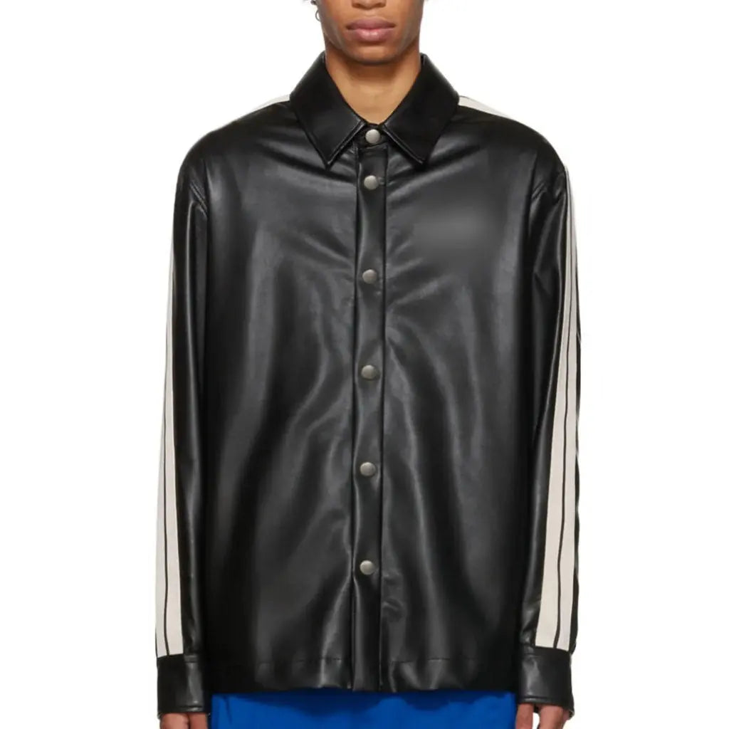 Men Black Genuine Leather Shirt With White Stripes - Image #1