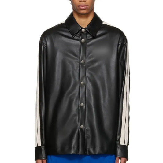 Men Black Genuine Leather Shirt With White Stripes - Image #1