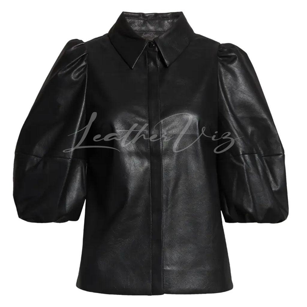 BALLOON SLEEVE SHIRT WOMEN LEATHER BLOUSE - Image #2