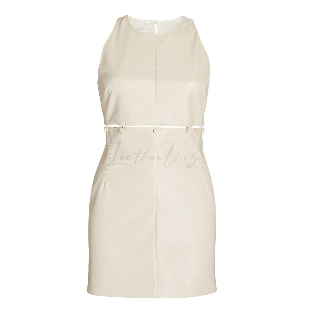 BUTTONED WAIST WOMEN WHITE LEATHER MINI DRESS - Image #4