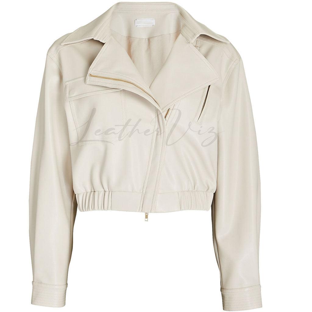 Women White Genuine Leather Bomber Jacket