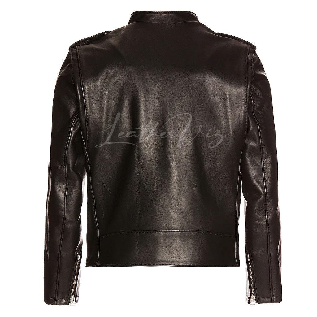 MEN BLACK RACER LEATHER JACKET - Image #3