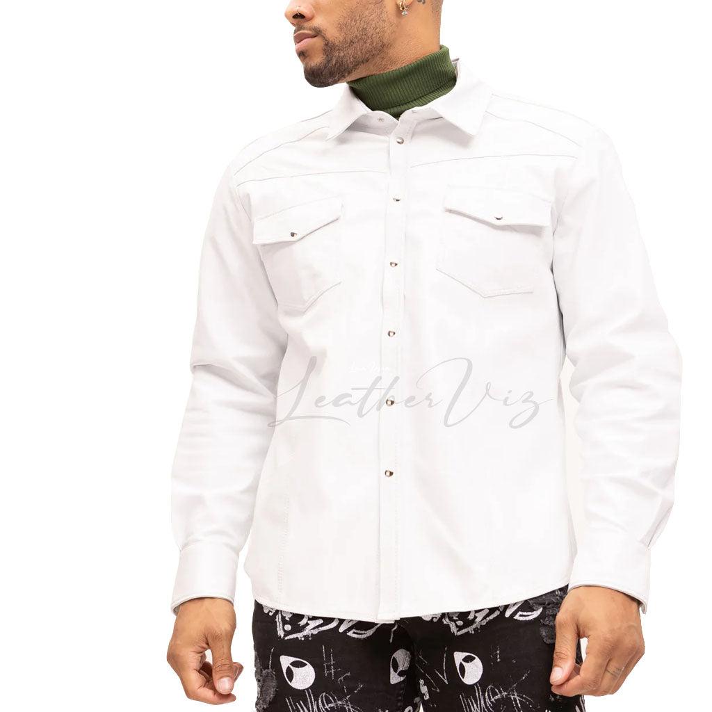 WHITE LAMBSKIN LEATHER BUTTON DOWN SHIRT - Image #2