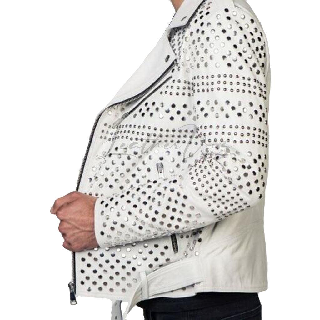 WHITE SLIVER STUDDED MEN BIKER LEATHER JACKET - Image #1