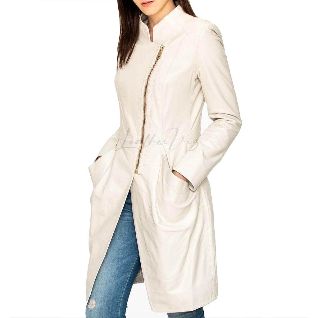 WHITE WOMEN LONG LEATHER COAT - Image #1