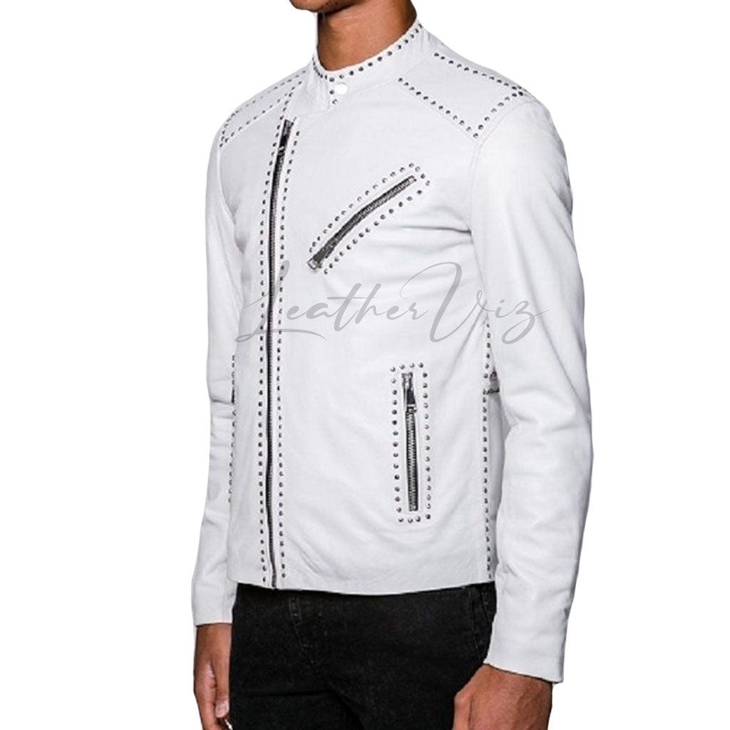 STUDDED WHITE LEATHER MEN MOTORCYCLE JACKET - Image #2