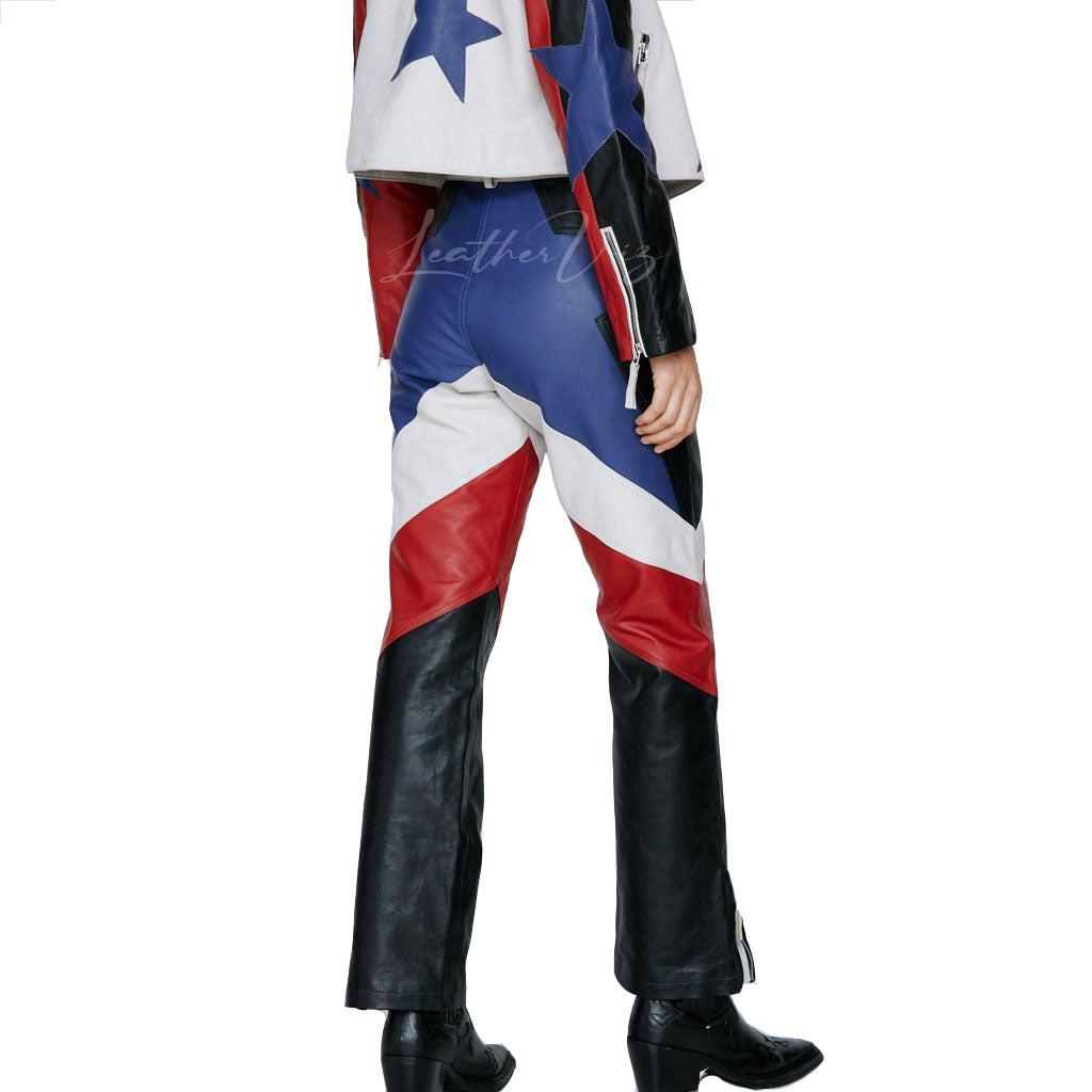 COLORBLOCK STYLE REAL LEATHER STAR STRAIGHT LEG PANTS - Image #2